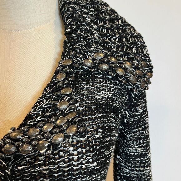 BCBGMAxazria Black White Chunky Knit Cardigan Y2k Sweater Small Beaded Collar - Picture 6 of 7